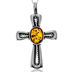 925 Steling Silver & Genuine Baltic Amber Celtic Cross Pendant - Gl2051