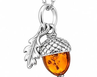925 Sterling Silver & Genuine Baltic Amber Modern Acorn Pendant - GL2041