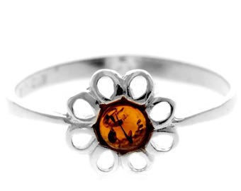 925 Sterling Silver & Genuine Baltic Amber Modern Flower Designer Ring - 7596