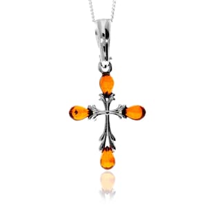 925 Sterling Silver & Genuine Baltic Amber Small Cross Pendant - Ap11