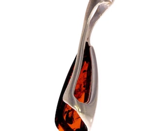 925 Sterling Silver & Genuine Baltic Amber Modern Pendant - GL344