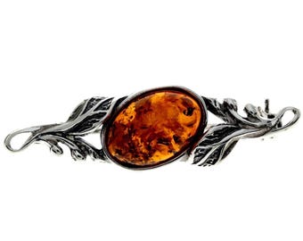 925 Sterling Silver & Genuine Baltic Amber Classic Brooch - 4022