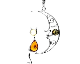 925 Sterling Silver & Genuine Baltic Amber Cat on the Moon Large Pendant - Ap14