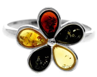 925 Sterling Silver & Genuine Teardrop Baltic Amber Classic Flower Ring - 7555