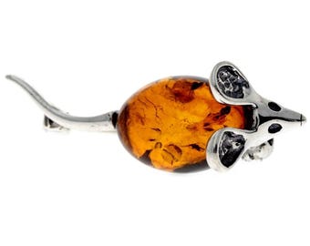 SilverAmber Jewellery - 925 Sterling Silver set with Genuine Baltic Amber Gemstone Mouse Brooch - 4107