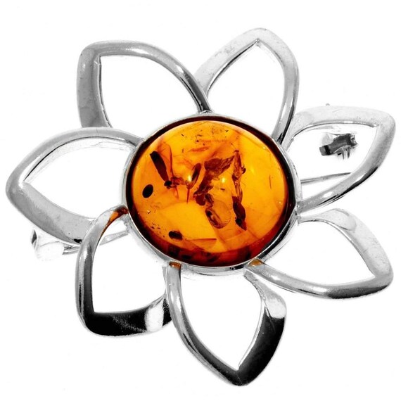 925 Sterling Silver Baltic Amber Classic Round Flower Brooch