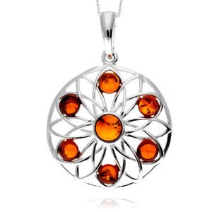 925 Sterling Silver & Genuine Baltic Amber Flower of Life Pendant - Gl2077