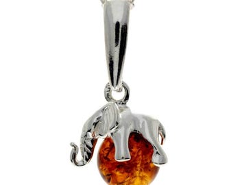 925 Sterling Silver Lucky Elephant sitting on Amber Ball - Gl354