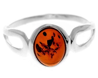 925 Sterling Silver & Genuine Baltic Amber Classic Designer Ring - 7267