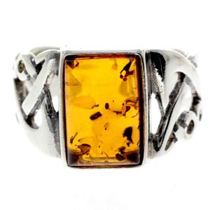 Anillo grande celta rectangular de plata de ley 925 y ámbar báltico - 7005