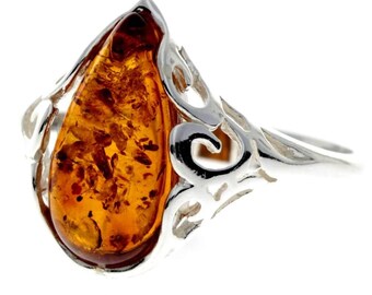 925 Sterling Silver & Baltic Amber Classic Designer Ring - Gl737