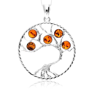 925 Sterling Silver & Genuine Baltic Amber Large Tree of Life Pendant - Ap13