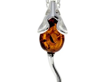 925 Sterling Silver & Baltic Amber Little Mouse Pendant - Gl2009