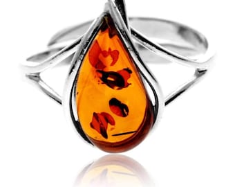 925 Sterling Silver & Genuine Baltic Amber Teardrop Modern Ring G403a