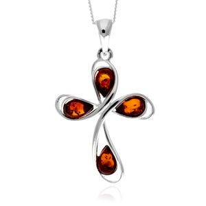 925 Sterling Silver & Genuine Baltic Amber Modern Cross Pendant - Gl2074