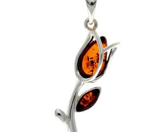925 Sterling Silver & Genuine Baltic Amber Tulip Modern Pendant - Gl2033