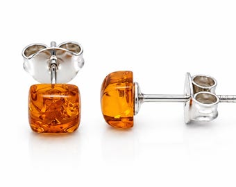 925 Sterling Silver & Genuine Baltic Amber Tiny Square Studs Earrings - J001