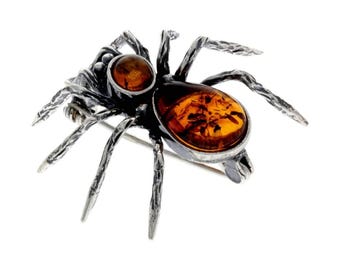 925 Sterling Silver & Baltic Amber Spider Brooch - 4152