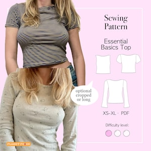 Peut inclure: Image d'une femme portant un haut court rayé et une chemise à manches longues à motifs. L'image comprend également un patron de couture avec des illustrations de hauts, le texte "Sewing Pattern Essential Basics Top", et la taille XS-XL.