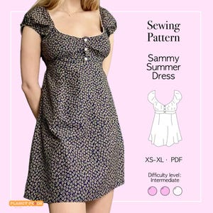 May include: A navy blue floral summer dress with a square neckline and cap sleeves. The dress features a button-up bodice and a flared skirt. The image includes a sewing pattern with the text "Sewing Pattern Sammy Summer Dress" and size range XS-XL.