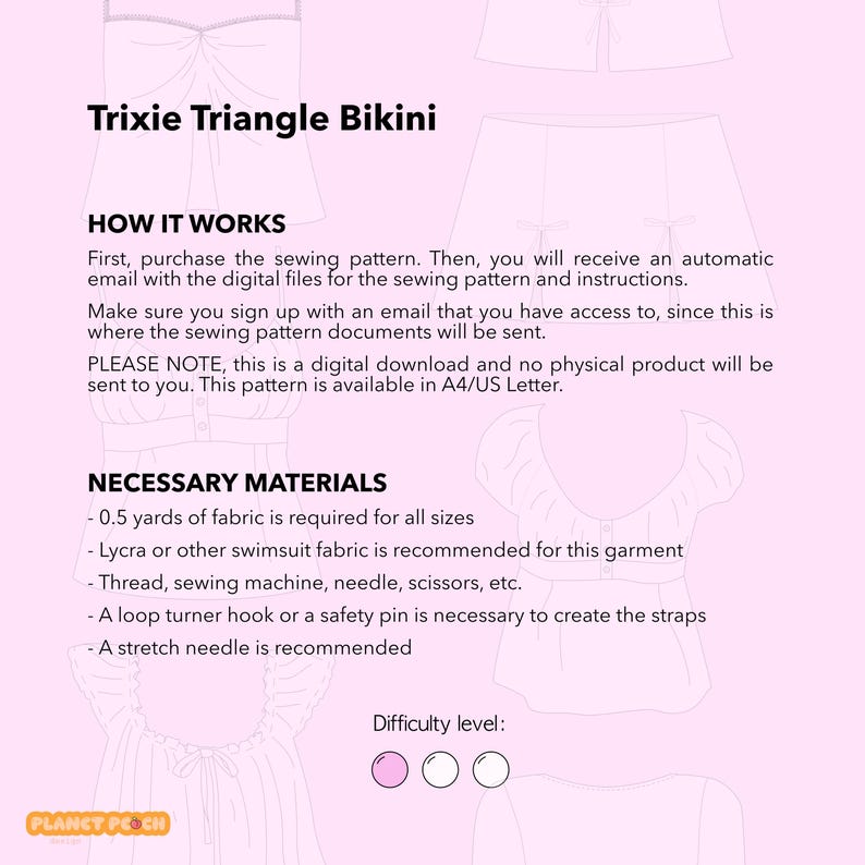 May include: Digital sewing pattern for a Trixie Triangle Bikini. The image includes instructions, necessary materials, and difficulty level. The pattern requires 0.5 yards of fabric and is available in A4/US Letter format.