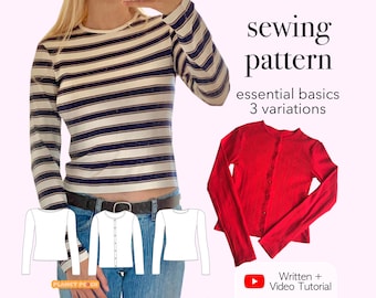 Essential Basics Top Sewing Pattern PDF: Long Sleeve Boat Neck Cardigan (Sizes XXS-XXL)