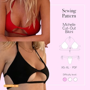Puede incluir: Bikini recortado rojo y negro. La imagen incluye un patrón de costura con el texto "Sewing Pattern Michelle Cut-Out Bikini" y el rango de tallas XS-XL. El nivel de dificultad se indica mediante tres círculos, siendo el primero rosa.