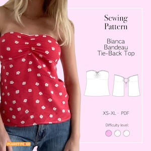 May include: A red bandeau top with white floral patterns. The top is gathered in the centre and has a tie-back design. The image also includes a sewing pattern for a Bianca Bandeau Tie-Back Top, available in sizes XS-XL.