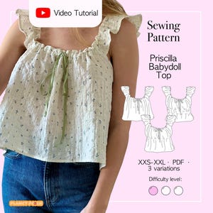 Peut inclure: Un patron de couture pour un haut Priscilla Babydoll, composé d'un haut sans manches crème à petites fleurs bleues, bretelles à volants et un ruban vert noué à l'encolure. Inclut trois variantes en dessin au trait et du texte.
