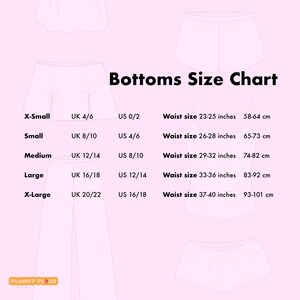 May include: A size chart for bottoms, with sizes ranging from X-Small to X-Large. The chart includes UK and US sizes, along with waist measurements in inches (23-40 inches) and centimeters (58-101 cm). The text "Bottoms Size Chart" is at the top.