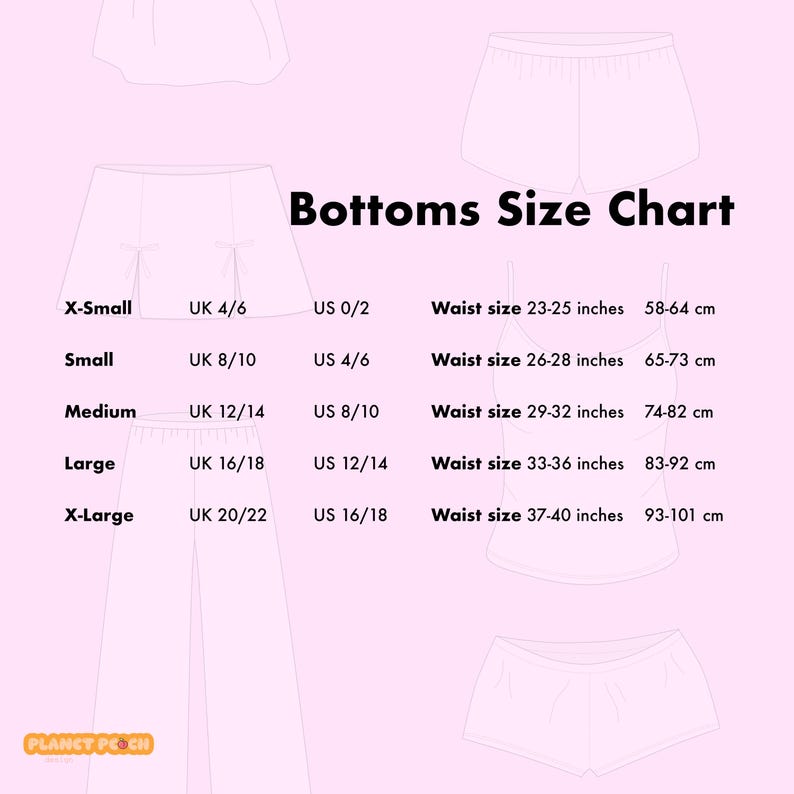 May include: A size chart for bottoms, with sizes ranging from X-Small to X-Large. The chart includes UK and US sizes, along with waist measurements in inches (23-40 inches) and centimeters (58-101 cm). The text "Bottoms Size Chart" is at the top.