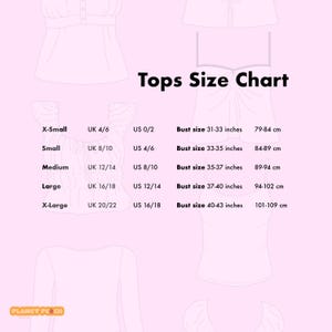 May include: A pink graphic with a tops size chart. The chart includes sizes X-Small to X-Large, with corresponding UK and US sizes, and bust measurements in inches and centimeters. The text "Tops Size Chart" is at the top.