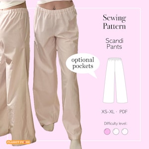 May include: A pair of light pink, vertically striped pants with an elastic waistband. The image also includes a sewing pattern for "Scandi Pants" with the text "optional pockets" and size range XS-XL. The difficulty level is indicated by three circles.