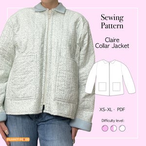 May include: A light green quilted jacket with a floral pattern, a light blue collar, cuffs, and a zipper closure. The image includes a sewing pattern for the "Claire Collar Jacket" with a difficulty level indicator.