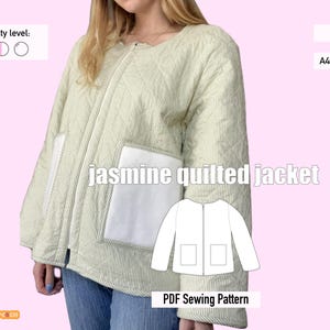 May include: A light green quilted jacket with white pockets and a zip. The jacket is labelled "jasmine quilted jacket" and is a PDF sewing pattern. Difficulty level is intermediate. Sizes XS-XL are available.