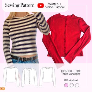 May include: A sewing pattern for a long-sleeve top and cardigan featuring three variations in sizes XXS-XXL. The image displays a striped long-sleeve shirt, a solid red button-down cardigan, and technical line drawings of the garment designs.