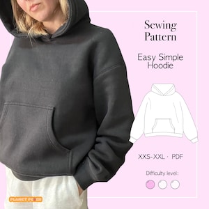 May include: A black hoodie with a front pocket and a hood. The image also includes a sewing pattern for an easy simple hoodie, with text that reads "Sewing Pattern", "Easy Simple Hoodie", and "XXS-XXL PDF". The difficulty level is indicated by three circles.