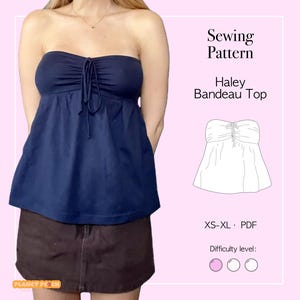 May include: A navy blue bandeau top with a drawstring detail is shown. The image also includes a sewing pattern for the "Haley Bandeau Top", with XS-XL sizing and a difficulty level indicator.