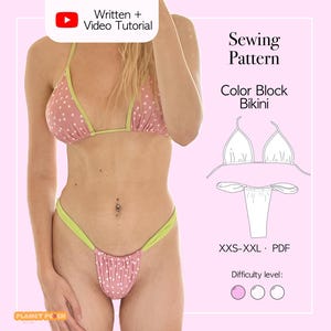 Könnte beinhalten: Ein Schnittmuster für einen Color-Block-Bikini aus rosa Stoff mit Punkten und lindgrünen Rändern. Die Grafik enthält den Text Written + Video Tutorial, Sewing Pattern, Color Block Bikini, XXS-XXL, PDF und Difficulty level.