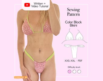 Color Block Bikini Sewing Pattern (XXS-XXL) | Contrast Bikini Top and Bottom