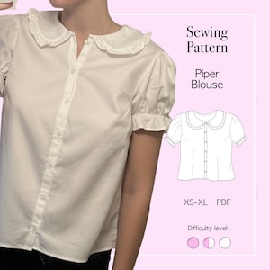 Rounded Collar Button Up Blouse Sewing Pattern PDF: Womens Cottage Coquette Top (Sizes XS-XL)