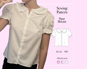 Rounded Collar Button Up Blouse Sewing Pattern PDF: Womens Cottage Coquette Top (Sizes XS-XL)