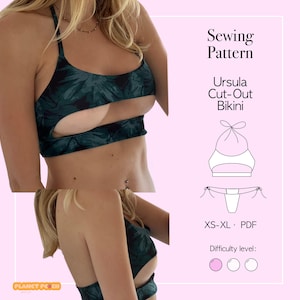 May include: Dark green cut-out bikini top and bottom with a tropical leaf pattern. The image includes a sewing pattern diagram and text that reads "Sewing Pattern Ursula Cut-Out Bikini XS-XL PDF". The difficulty level is indicated by pink circles.