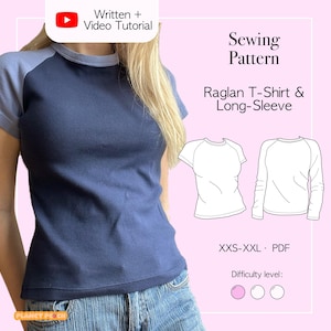 Könnte beinhalten: Ein Schnittmuster für ein Raglan-T-Shirt und ein Langarmshirt mit dem Text Written + Video Tutorial, Sewing Pattern, Raglan T-Shirt & Long-Sleeve, XXS-XXL, PDF und Difficulty level. Enthält ein kurzärmeliges T-Shirt in Marineblau und Hellblau.