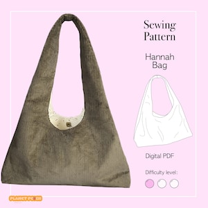 Peut inclure: Sac fourre-tout en velours côtelé vert olive avec une doublure blanche à motifs. Le sac a une longue bandoulière et un fond arrondi. Le texte sur l'image indique "Sewing Pattern Hannah Bag" et "Digital PDF".
