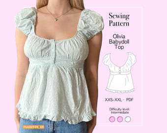 Mönster för babydoll-topp i PDF-format: Peplum-topp med volang och nederkant (storlekar XXS-XXL)