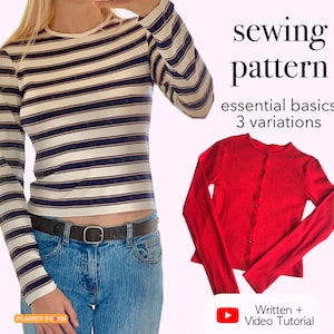 Essential Basics Top Sewing Pattern PDF: Long Sleeve Boat Neck Cardigan (Sizes XXS-XXL)
