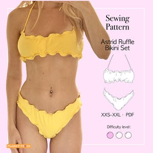Ruffle Bandeau Bikini Sewing Pattern (XXS-XXL) | Lettuce Hem Bikini Top and Bottom