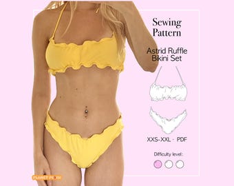 Ruffle Bandeau Bikini Sewing Pattern (XXS-XXL) | Lettuce Hem Bikini Top and Bottom