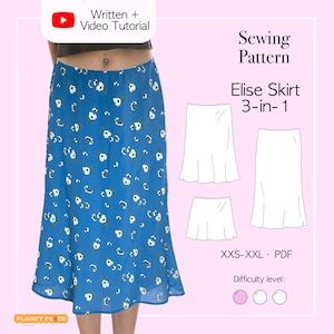 以下が含まれることがあります： Elise Skirt 3-in-1の裁縫パターン。白い花柄の青いスカートが特徴です。画像には、書き込みおよびビデオチュートリアルのラベル、スカートのバリエーションの3つの線画スケッチ、XXSからXXLまでのサイズ範囲、およびPDF形式が含まれています。